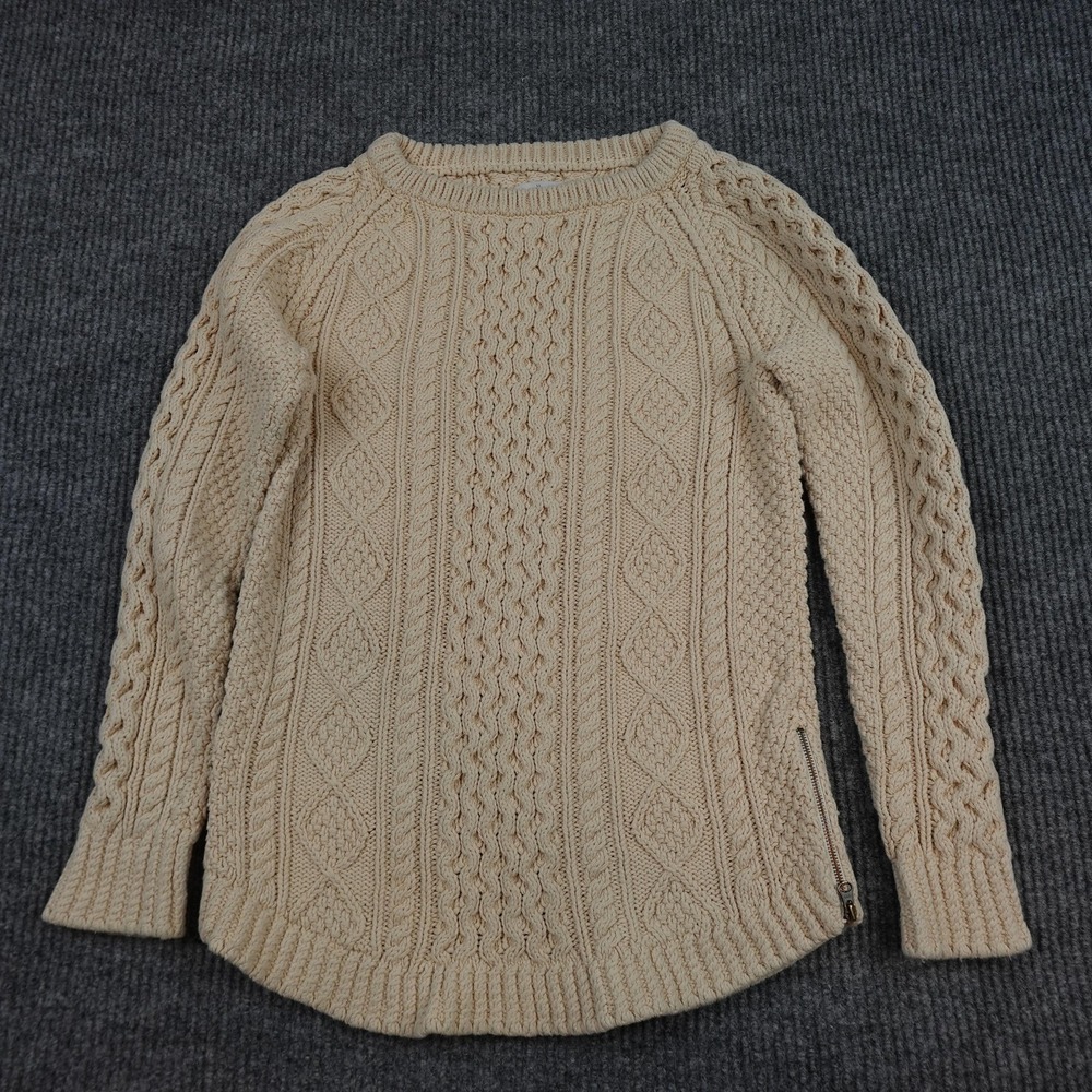 LL Bean Signature Sweater Womens XS Beige Cotton Cable Knit Tunic Zip Hem